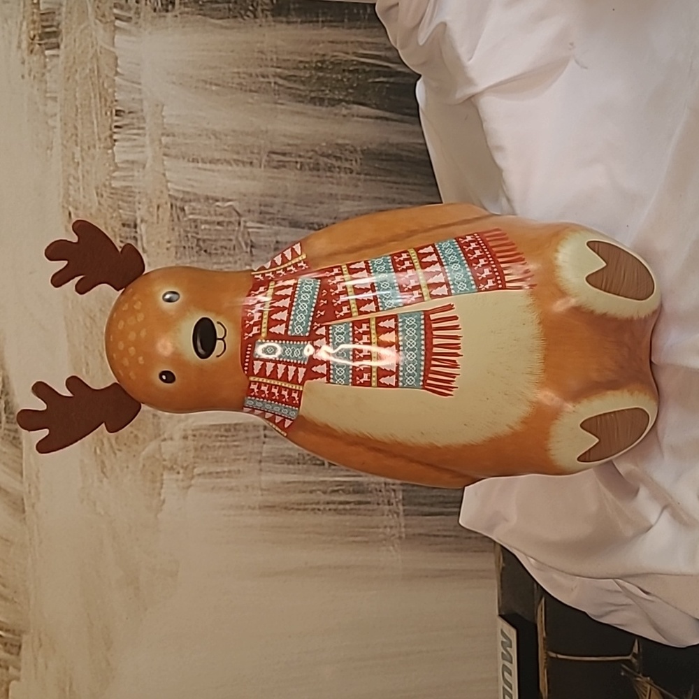 Holiday Christmas Reindeer metal tin container refillable decoration